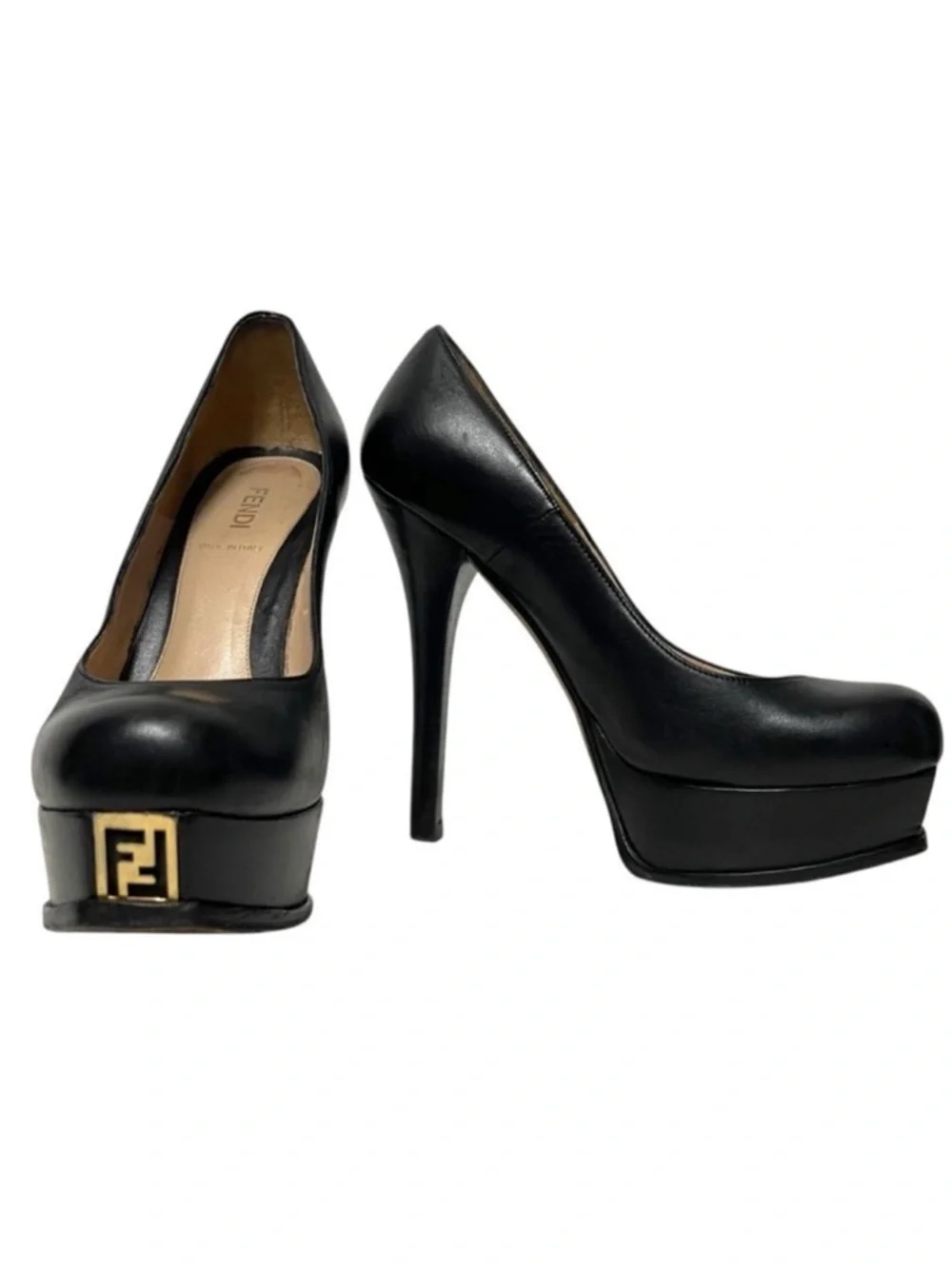 FENDI Fendista Leather Gold Logo Platform Heels 37